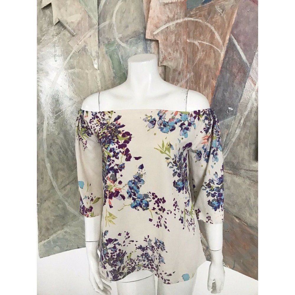 C Wonder Watercolor C. Floral Off Shoulder Blouse 3/4 Sleeve Top Size Small